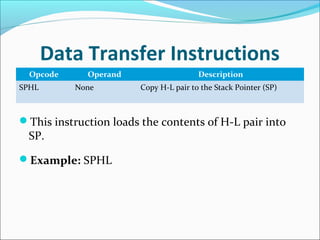 Data Transfer Instructions
Opcode Operand Description
SPHL None Copy H-L pair to the Stack Pointer (SP)
This instruction loads the contents of H-L pair into
SP.
Example: SPHL
 