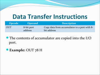 Data Transfer Instructions
Opcode Operand Description
OUT 8-bit port
address
Copy data from accumulator to a port with 8-
bit address
The contents of accumulator are copied into the I/O
port.
Example: OUT 78 H
 