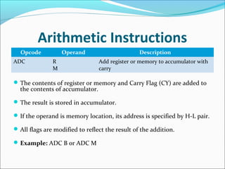Arithmetic Instructions
Opcode Operand Description
ADC R
M
Add register or memory to accumulator with
carry
The contents of register or memory and Carry Flag (CY) are added to
the contents of accumulator.
The result is stored in accumulator.
If the operand is memory location, its address is specified by H-L pair.
All flags are modified to reflect the result of the addition.
Example: ADC B or ADC M
 