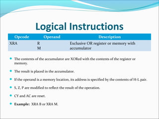 Logical Instructions
Opcode Operand Description
XRA R
M
Exclusive OR register or memory with
accumulator
 The contents of the accumulator are XORed with the contents of the register or
memory.
 The result is placed in the accumulator.
 If the operand is a memory location, its address is specified by the contents of H-L pair.
 S, Z, P are modified to reflect the result of the operation.
 CY and AC are reset.
 Example: XRA B or XRA M.
 