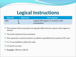 Logical Instructions
Opcode Operand Description
ORA R
M
Logical OR register or memory with
accumulator
 The contents of the accumulator are logically ORed with the contents of the register or
memory.
 The result is placed in the accumulator.
 If the operand is a memory location, its address is specified by the contents of H-L pair.
 S, Z, P are modified to reflect the result.
 CY and AC are reset.
 Example: ORA B or ORA M.
 