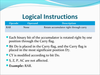 Logical Instructions
Opcode Operand Description
RAR None Rotate accumulator right through carry
Each binary bit of the accumulator is rotated right by one
position through the Carry flag.
Bit D0 is placed in the Carry flag, and the Carry flag is
placed in the most significant position D7.
CY is modified according to bit D0.
S, Z, P, AC are not affected.
Example: RAR.
 