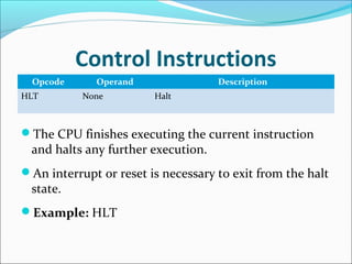 Control Instructions
Opcode Operand Description
HLT None Halt
The CPU finishes executing the current instruction
and halts any further execution.
An interrupt or reset is necessary to exit from the halt
state.
Example: HLT
 