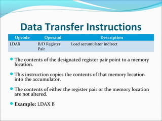 Data Transfer Instructions
Opcode Operand Description
LDAX B/D Register
Pair
Load accumulator indirect
The contents of the designated register pair point to a memory
location.
This instruction copies the contents of that memory location
into the accumulator.
The contents of either the register pair or the memory location
are not altered.
Example: LDAX B
 