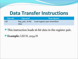 Data Transfer Instructions
Opcode Operand Description
LXI Reg. pair, 16-bit
data
Load register pair immediate
This instruction loads 16-bit data in the register pair.
Example: LXI H, 2034 H
 