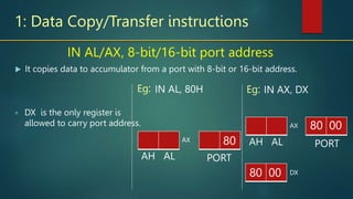 1: Data Copy/Transfer instructions
 It copies data to accumulator from a port with 8-bit or 16-bit address.
IN AL/AX, 8-bit/16-bit port address
 DX is the only register is
allowed to carry port address.
IN AL, 80H
Eg:
AH AL
AX 12
IN AX, DX
80
PORT
AH AL
AX
PORT
Eg:
DX
80 00
12 34
80 00
 