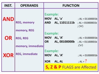 INST. OPERANDS FUNCTION
AND REG, memory
memory, REG
REG, REG
memory, immediate
REG, immediate
Example:
MOV AL, 'a' ; AL = 01100001b
AND AL, 11011111b ; AL = 01000001b
; ('A')
Example:
MOV AL, 'A’ ; AL = 01000001b
OR AL, 00100000b ; AL = 01100001b
;('a')
OR
XOR
Example:
MOV AL, 'A’ ; AL = 01000001b
XOR AL, AL ; AL = ?
S, Z & P FLAGS are Affected
 