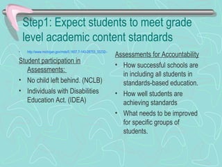 Step1: Expect students to meet grade level academic content standards http://www.michigan.gov/mde/0,1607,7-140-28753_33232---,00.html Student participation in Assessments:  No child left behind. (NCLB) Individuals with Disabilities Education Act. (IDEA) Assessments for Accountability How successful schools are in including all students in standards-based education. How well students are achieving standards What needs to be improved for specific groups of students. 