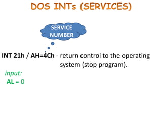 INT 21h / AH=4Ch - return control to the operating
system (stop program).
input:
AL = 0
SERVICE
NUMBER
 