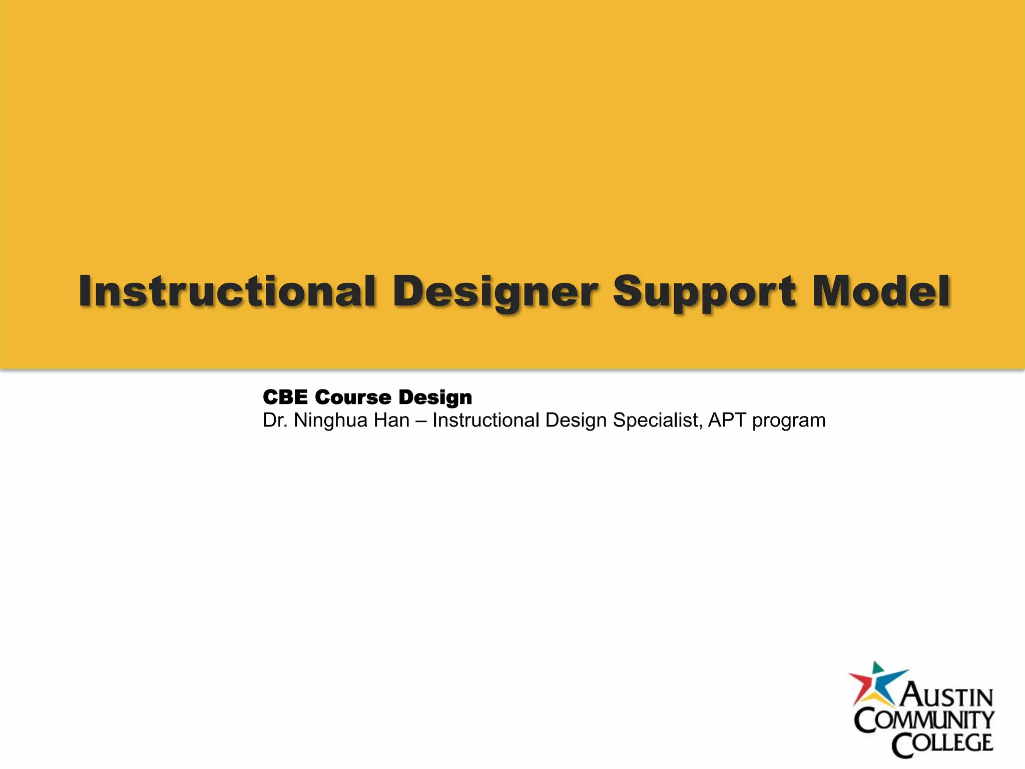 Instructional Designer Support Model
CBE Course Design
Dr. Ninghua Han – Instructional Design Specialist, APT program
 