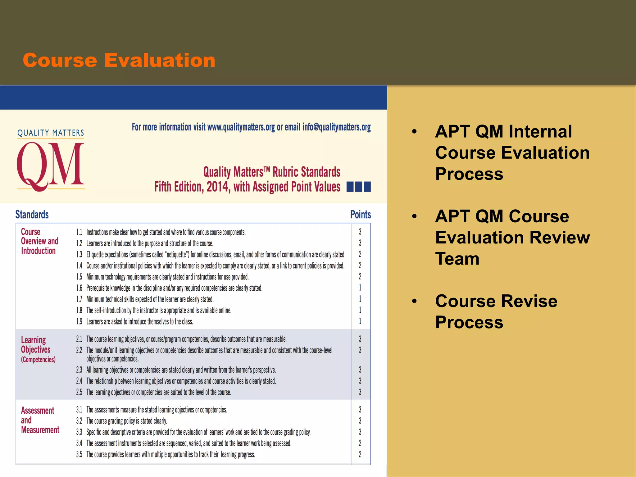 •  APT QM Internal
Course Evaluation
Process
•  APT QM Course
Evaluation Review
Team
•  Course Revise
Process
Course Evaluation	
  
 