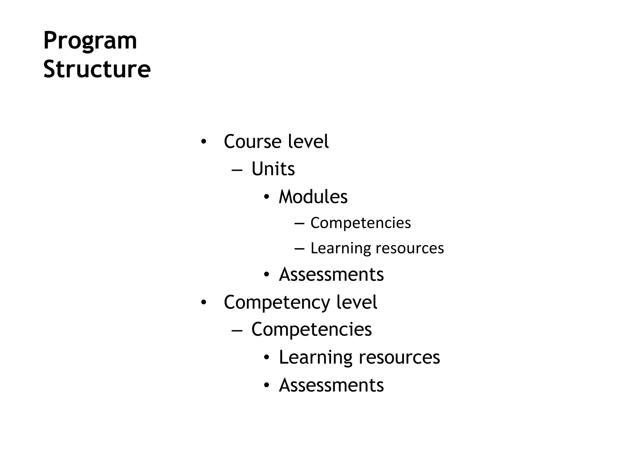  
•  Course level
–  Units
•  Modules
–  Competencies	
  
–  Learning	
  resources	
  
•  Assessments
•  Competency level
–  Competencies
•  Learning resources
•  Assessments
Program
Structure
 