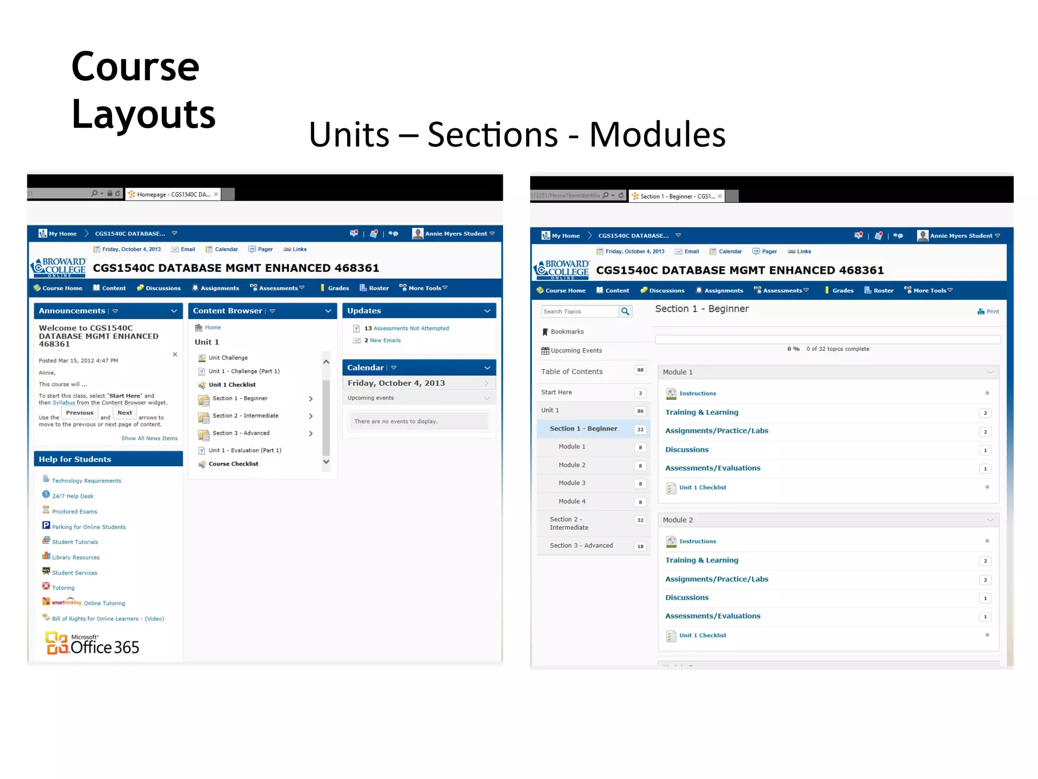 Units	
  –	
  Sec4ons	
  -­‐	
  Modules	
  
Course
Layouts
 