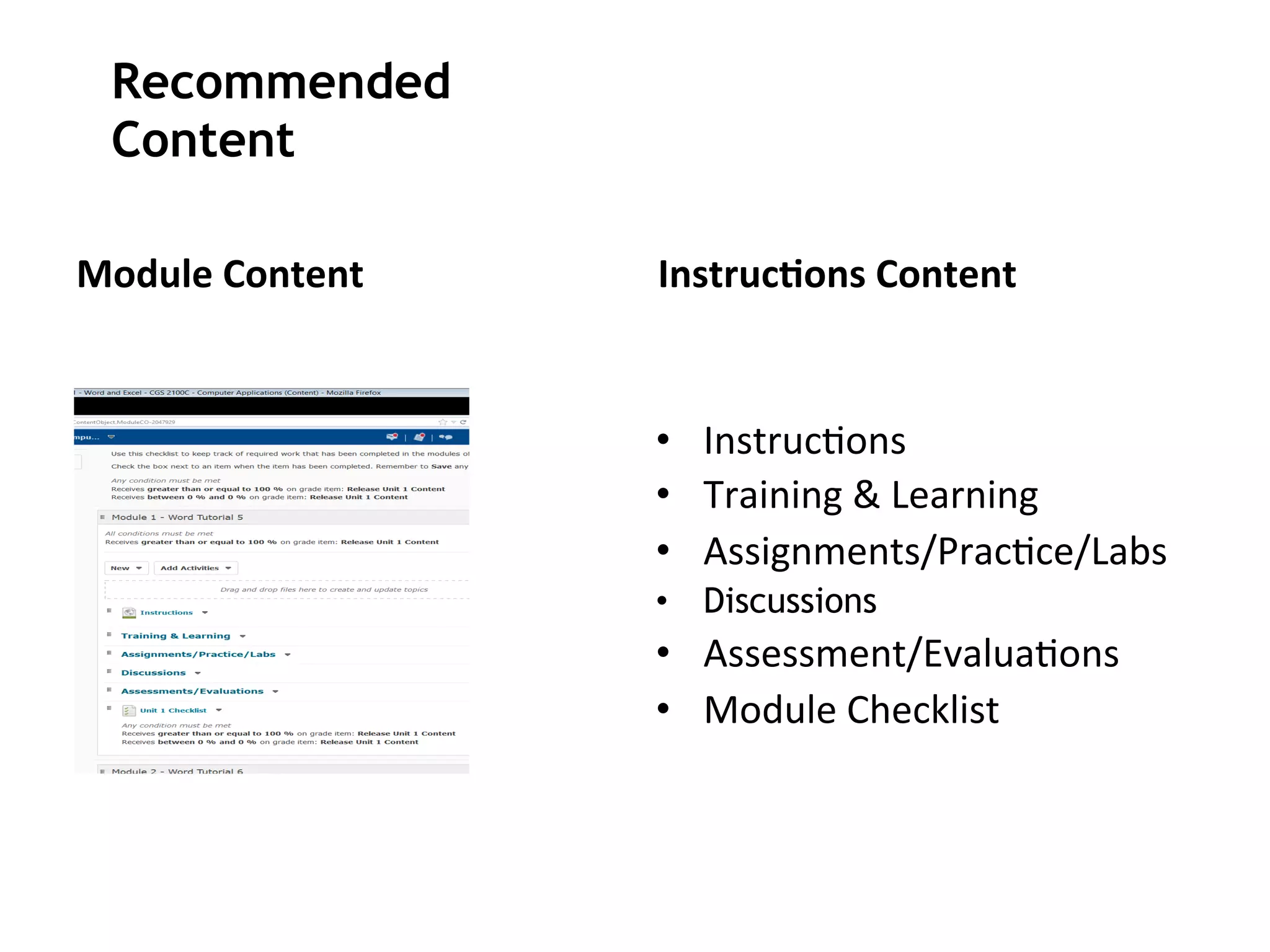 Module	
  Content	
   InstrucAons	
  Content	
  
•  Instruc4ons	
  
•  Training	
  &	
  Learning	
  
•  Assignments/Prac4ce/Labs	
  
•  Discussions
•  Assessment/Evalua4ons	
  
•  Module	
  Checklist	
  
Recommended
Content
 