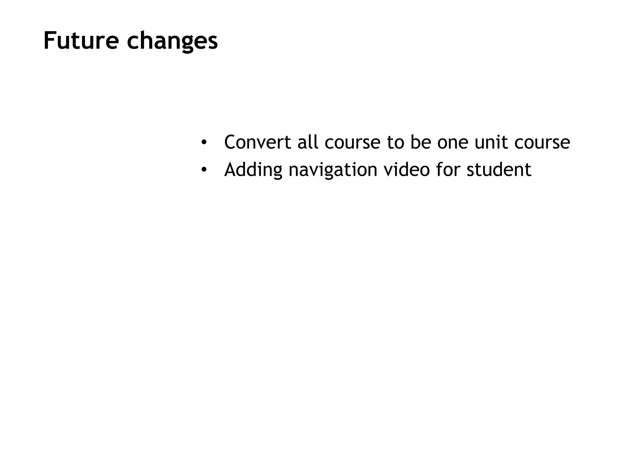 Future changes
•  Convert all course to be one unit course
•  Adding navigation video for student
 