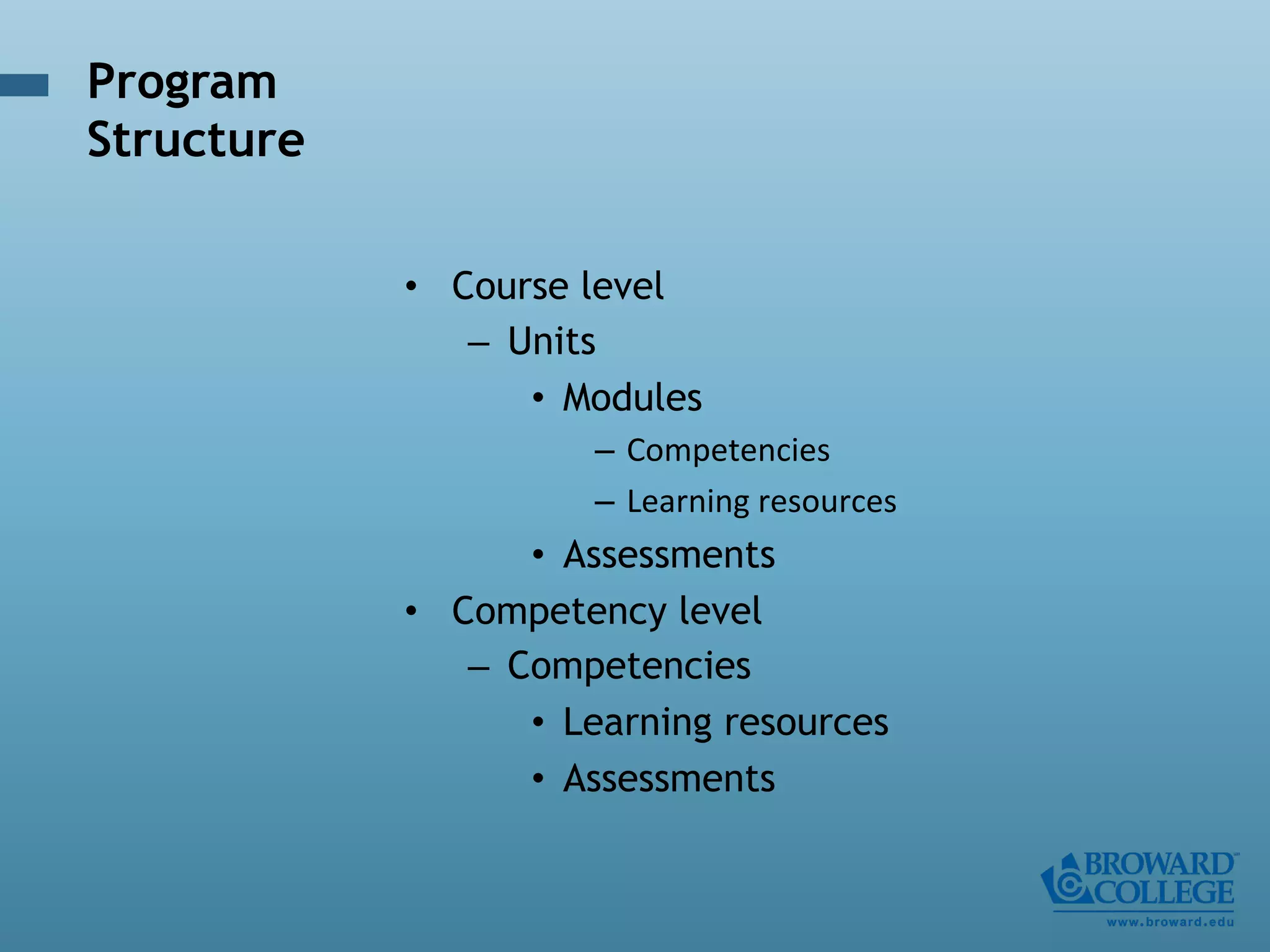  
•  Course level
–  Units
•  Modules
–  Competencies	
  
–  Learning	
  resources	
  
•  Assessments
•  Competency level
–  Competencies
•  Learning resources
•  Assessments
Program
Structure
 