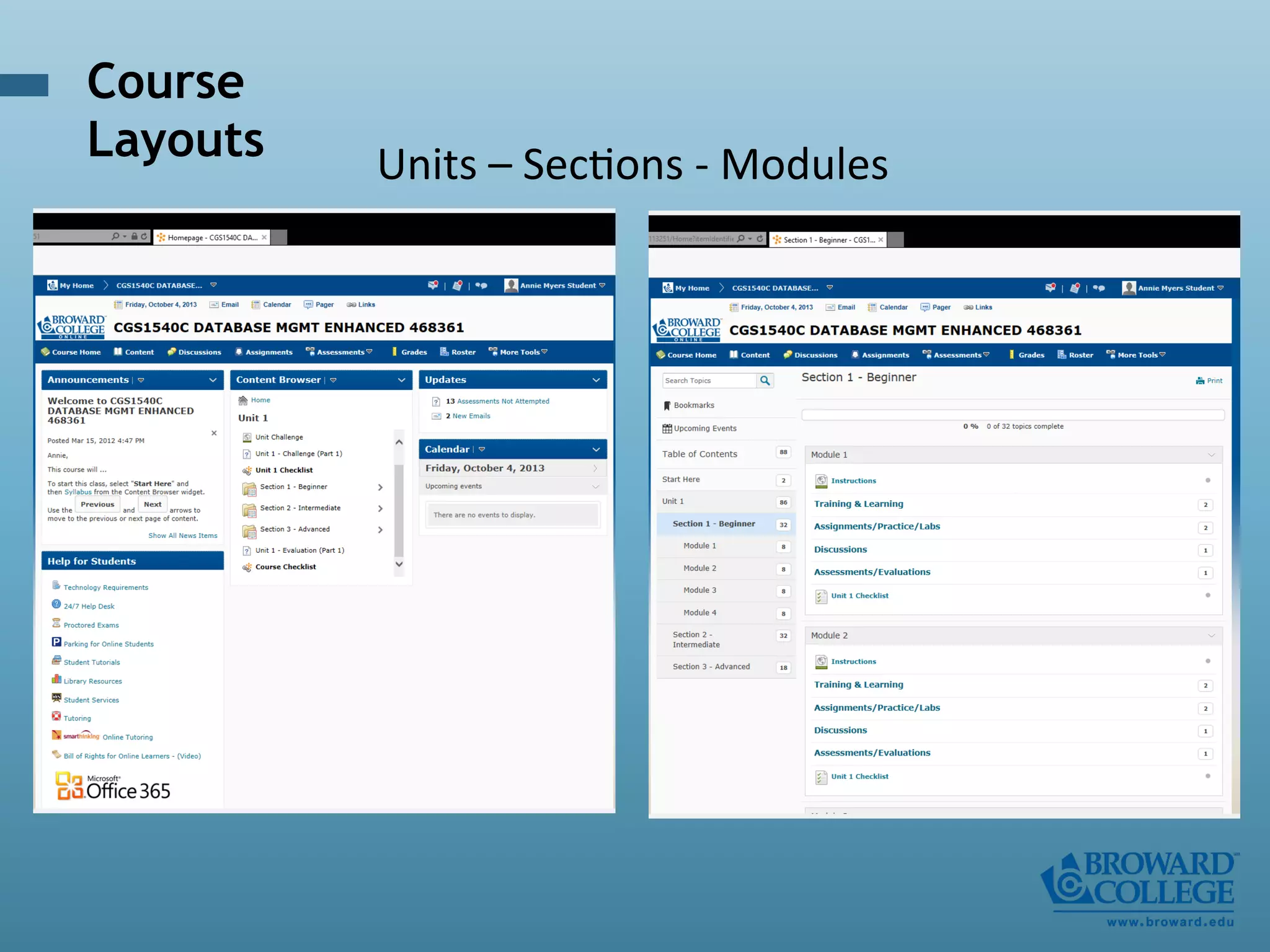 Units	
  –	
  Sec'ons	
  -­‐	
  Modules	
  
Course
Layouts
 