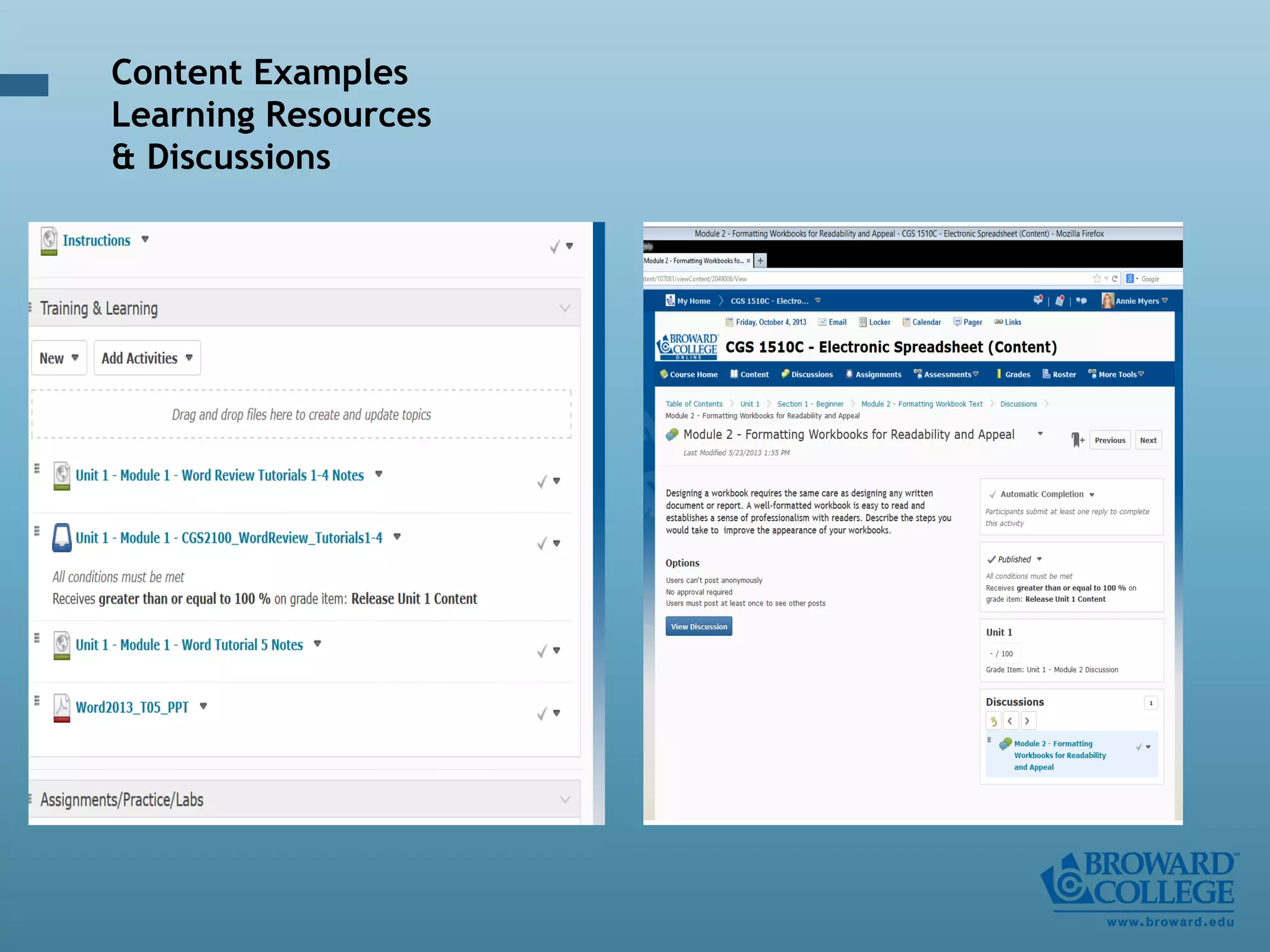 Content Examples
Learning Resources
& Discussions
 