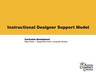 Instructional Designer Support Model
Curriculum Development
Mary Kohls — Department Chair, Computer Studies
 