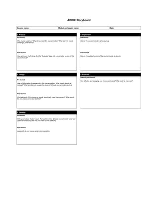 ADDIE Storyboard
Course name: Module or lesson name: Date:
1. Analyze 4. Implement
Pre-launch
Who is your audience? Why do they need this course/module? What are their needs,
challenges, motivations?
Post-launch
How can I work my findings form the "Evaluate" stage into a new, better version of the
course/module?
Pre-launch
Deliver the course/module to a focus group
Post-launch
Deliver the updated version of the course/module to students
2. Design 5. Evaluate
Pre-launch
How will information be sequenced in this course/module? What visuals should be
included? What activities will you plan for students? [Create course/module outline]
Post-launch
What elements of this course or module, specifically, need improvement? What should
the new, improved version look like?
Pre and post-launch
How effective and engaging was the course/module? What could be improved?
3. Develop
Pre-launch
Write your lecture. Collect visuals. Put together slides. [Create course/module script and
upload all necessary data into your online course platform]
Post-launch
Apply edits to your course script and presentation.
 