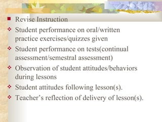 Revise Instruction Student performance on oral/written practice exercises/quizzes given Student performance on tests(continual assessment/semestral assessment) Observation of student attitudes/behaviors during lessons Student attitudes following lesson(s). Teacher’s reflection of delivery of lesson(s). 