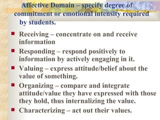 Affective Domain   – specify degree of    commitment or emotional intensity required    by students. Receiving – concentrate on and receive information Responding – respond positively to information by actively engaging in it. Valuing – express attitude/belief about the value of something. Organizing – compare and integrate attitude/value they have expressed with those they hold, thus internalizing the value. Characterizing – act out their values. 