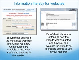 Information literacy for websites EasyBib has analyzed the most cited websites and will let you know what sources are credible to cite, what aren’t, and what are in the middle  EasyBib will show you criteria on how the website was evaluated, and how you can evaluate the website as a credible source to use in your research 