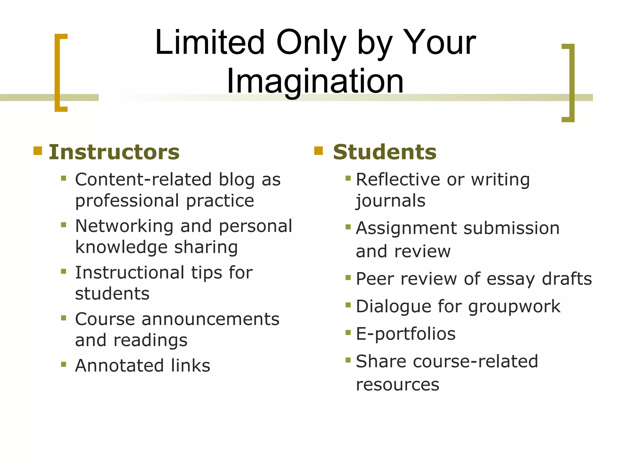 Limited Only by Your Imagination Instructors Content-related blog as professional practice  Networking and personal knowledge sharing  Instructional tips for students  Course announcements and readings  Annotated links  Students  Reflective or writing journals  Assignment submission and review  Peer review of essay drafts Dialogue for groupwork  E-portfolios  Share course-related resources 