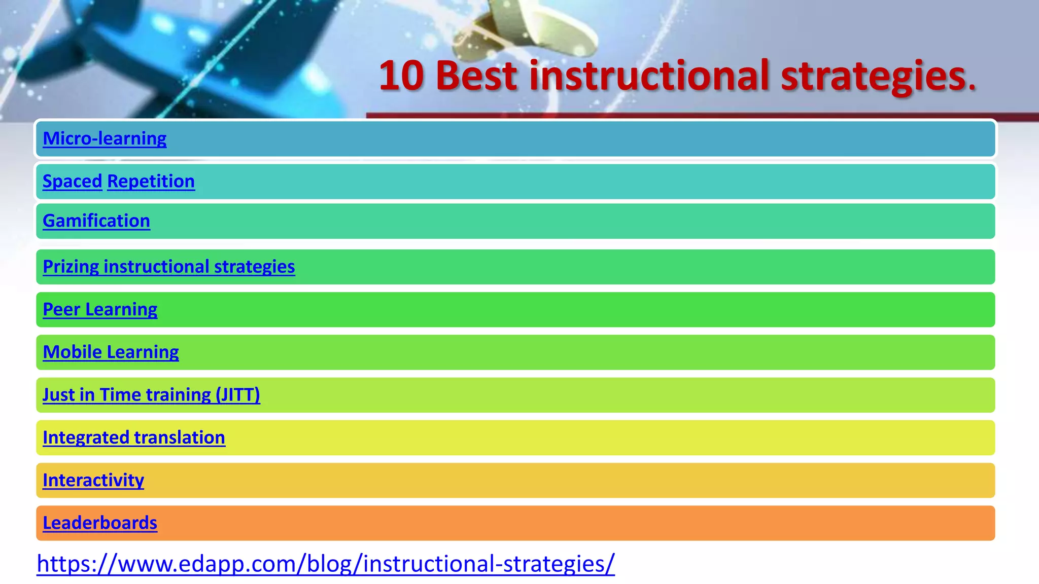 10 Best instructional strategies.
Micro-learning
Spaced Repetition
Gamification
Prizing instructional strategies
Peer Learning
Mobile Learning
Just in Time training (JITT)
Integrated translation
Interactivity
Leaderboards
https://www.edapp.com/blog/instructional-strategies/
 