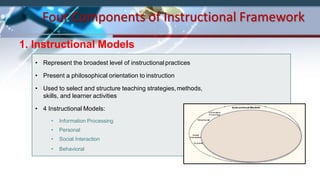Four Components of Instructional Framework
1. Instructional Models
• Represent the broadest level of instructionalpractices
• Present a philosophical orientation to instruction
• Used to select and structure teaching strategies,methods,
skills, and learner activities
• 4 Instructional Models:
• Information Processing
• Personal
• Social Interaction
• Behavioral
 