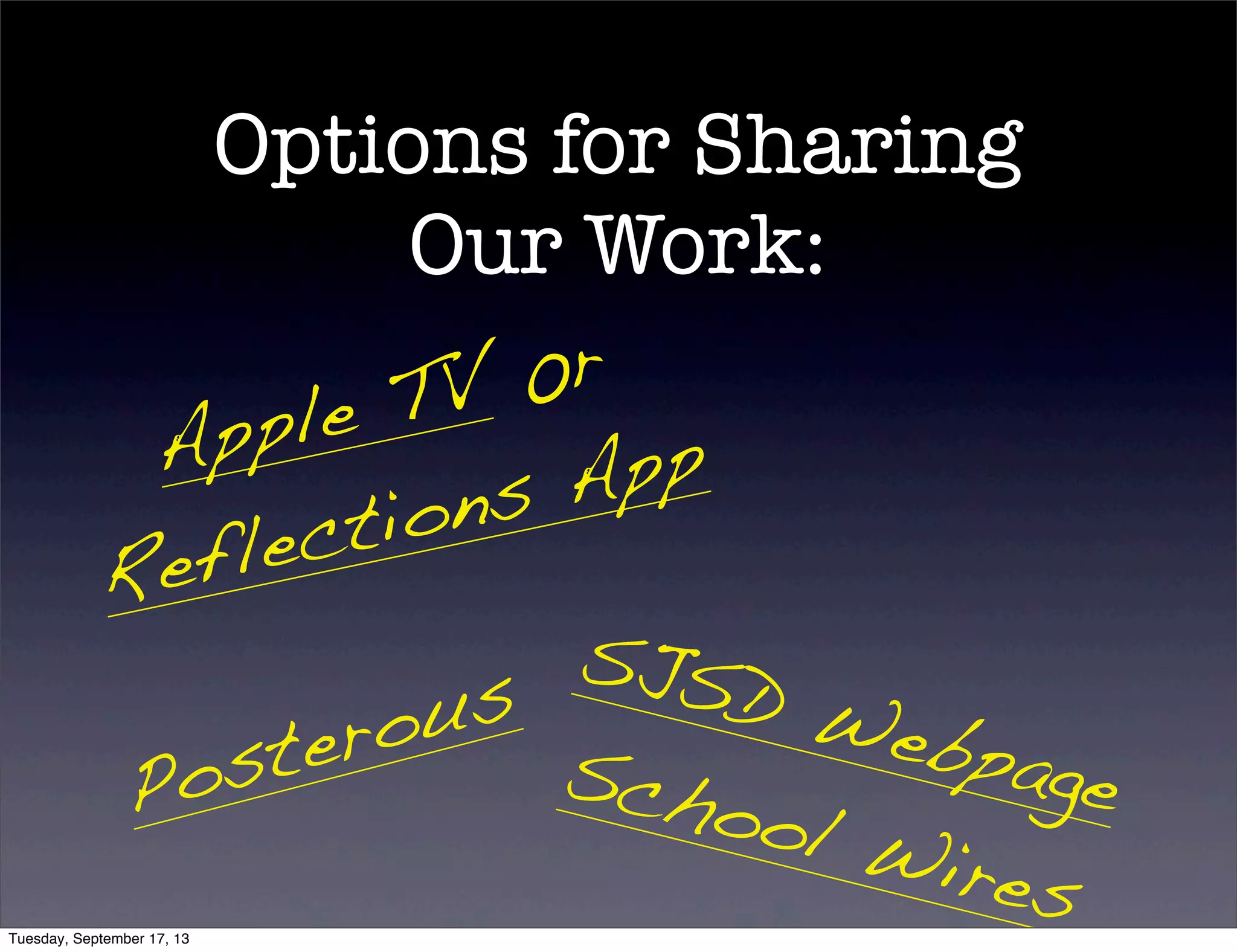 Options for Sharing
Our Work:
Apple TV 0r
Reflections App
SJSD WebpageSchool Wires
Posterous
Tuesday, September 17, 13
 