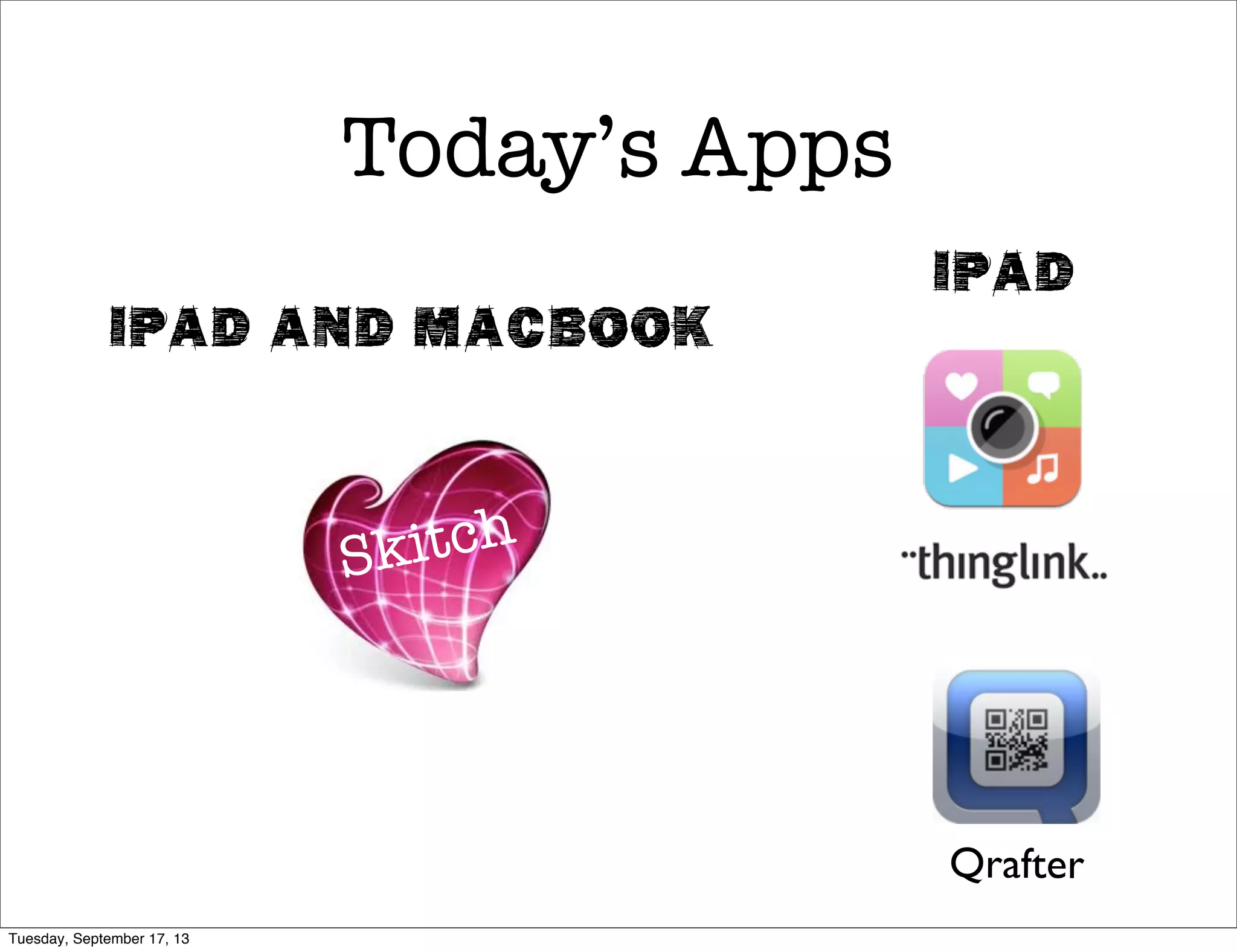 Today’s Apps
Skitch
iPad and MacBook
Qrafter
iPad
Tuesday, September 17, 13
 
