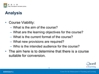 Analysis

• Course Viability:
   –   What is the aim of the course?
   –   What are the learning objectives for the course...
