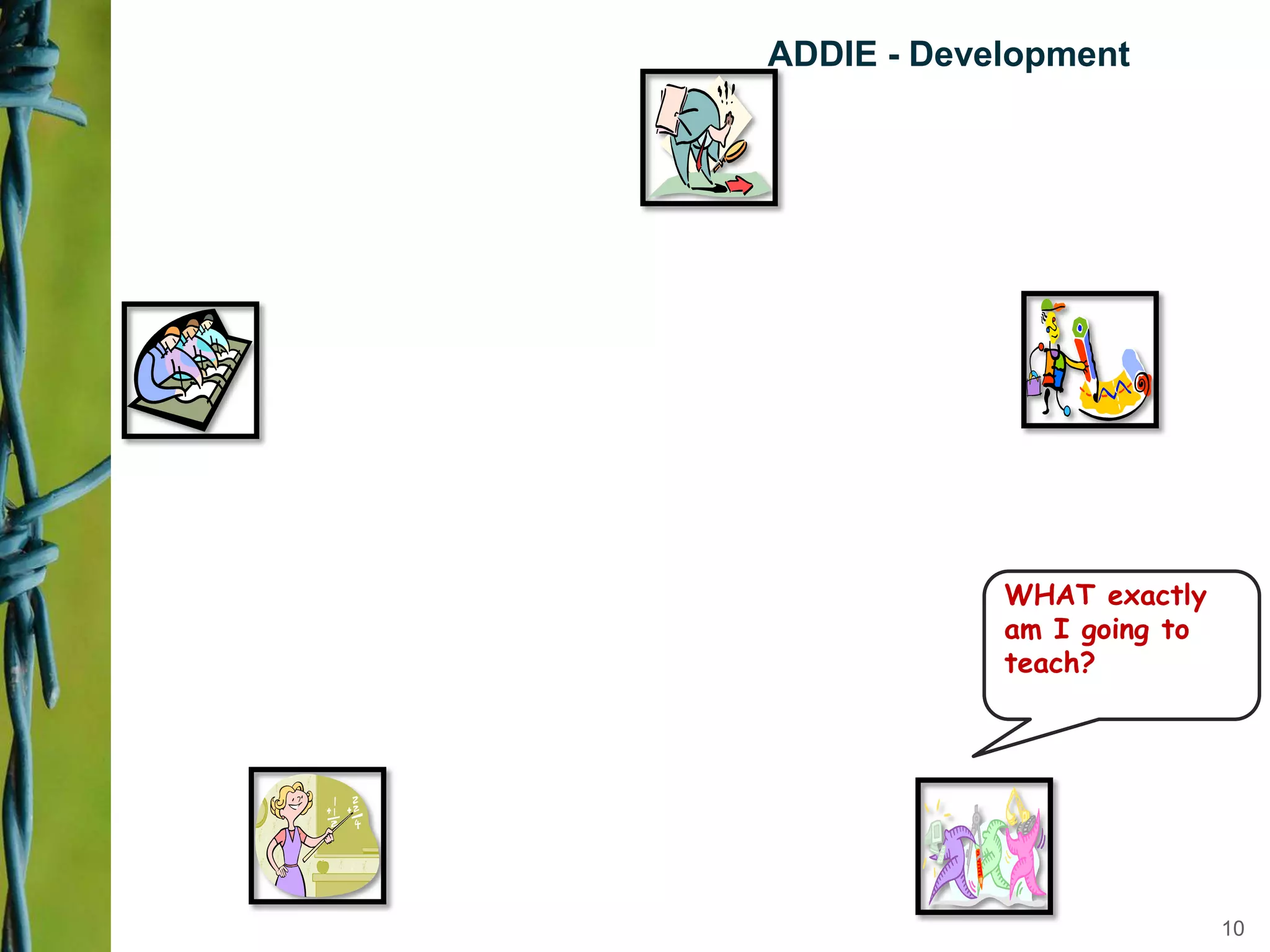 WHAT exactly
am I going to
teach?
ADDIE - Development
10
 