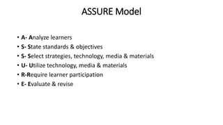 ASSURE Model
• A- Analyze learners
• S- State standards & objectives
• S- Select strategies, technology, media & materials
• U- Utilize technology, media & materials
• R-Require learner participation
• E- Evaluate & revise
 