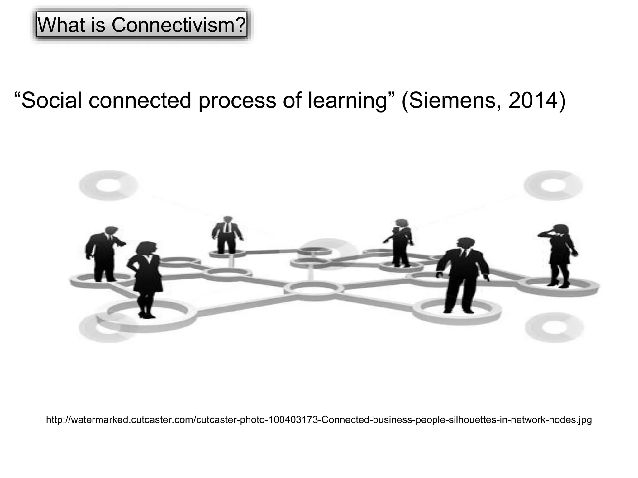 What is Connectivism? 
“Social connected process of learning” (Siemens, 2014) 
http://watermarked.cutcaster.com/cutcaster-photo-100403173-Connected-business-people-silhouettes-in-network-nodes.jpg 
 