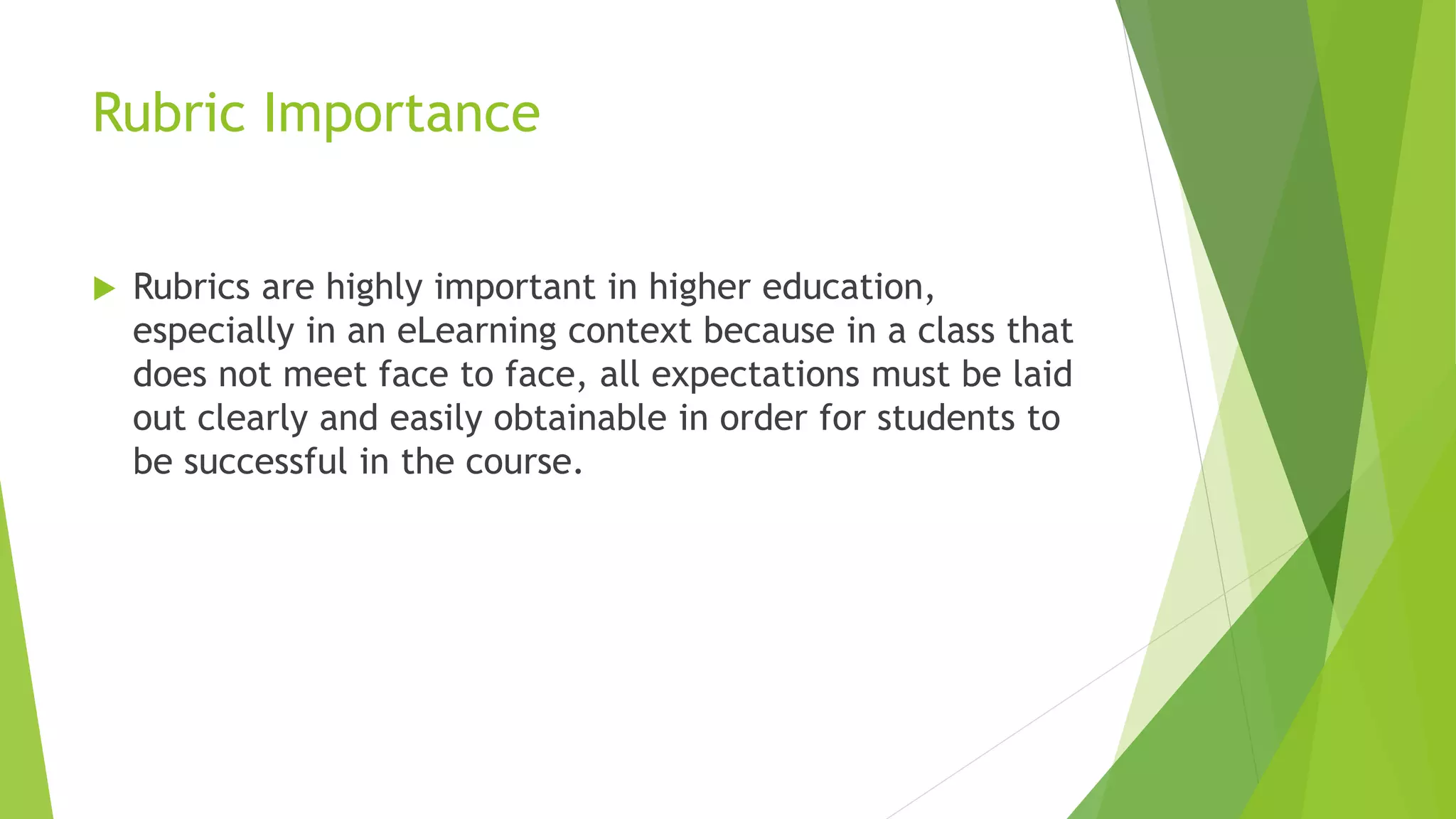 Rubric Importance
 Rubrics are highly important in higher education,
especially in an eLearning context because in a class that
does not meet face to face, all expectations must be laid
out clearly and easily obtainable in order for students to
be successful in the course.
 