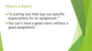 What is a Rubric?
“a scoring tool that lays out specific
expectations for an assignment.“
You can’t have a good rubric without a
good assignment!
 