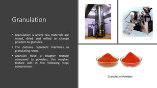 Granulation
• Granulation is where raw materials are
mixed, dried and milled to change
powders to granules.
• The pictures represent machines in
granulating room.
• Granules have a rougher texture
compared to powders, this rougher
texture aids in the following step;
compression.
Granules vs Powders
10
 