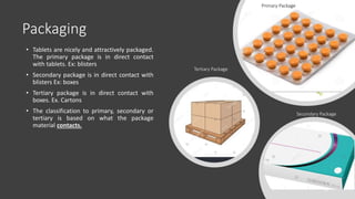 Packaging
• Tablets are nicely and attractively packaged.
The primary package is in direct contact
with tablets. Ex: blisters
• Secondary package is in direct contact with
blisters Ex: boxes
• Tertiary package is in direct contact with
boxes. Ex. Cartons
• The classification to primary, secondary or
tertiary is based on what the package
material contacts.
Primary Package
Tertiary Package
Secondary Package
13
 