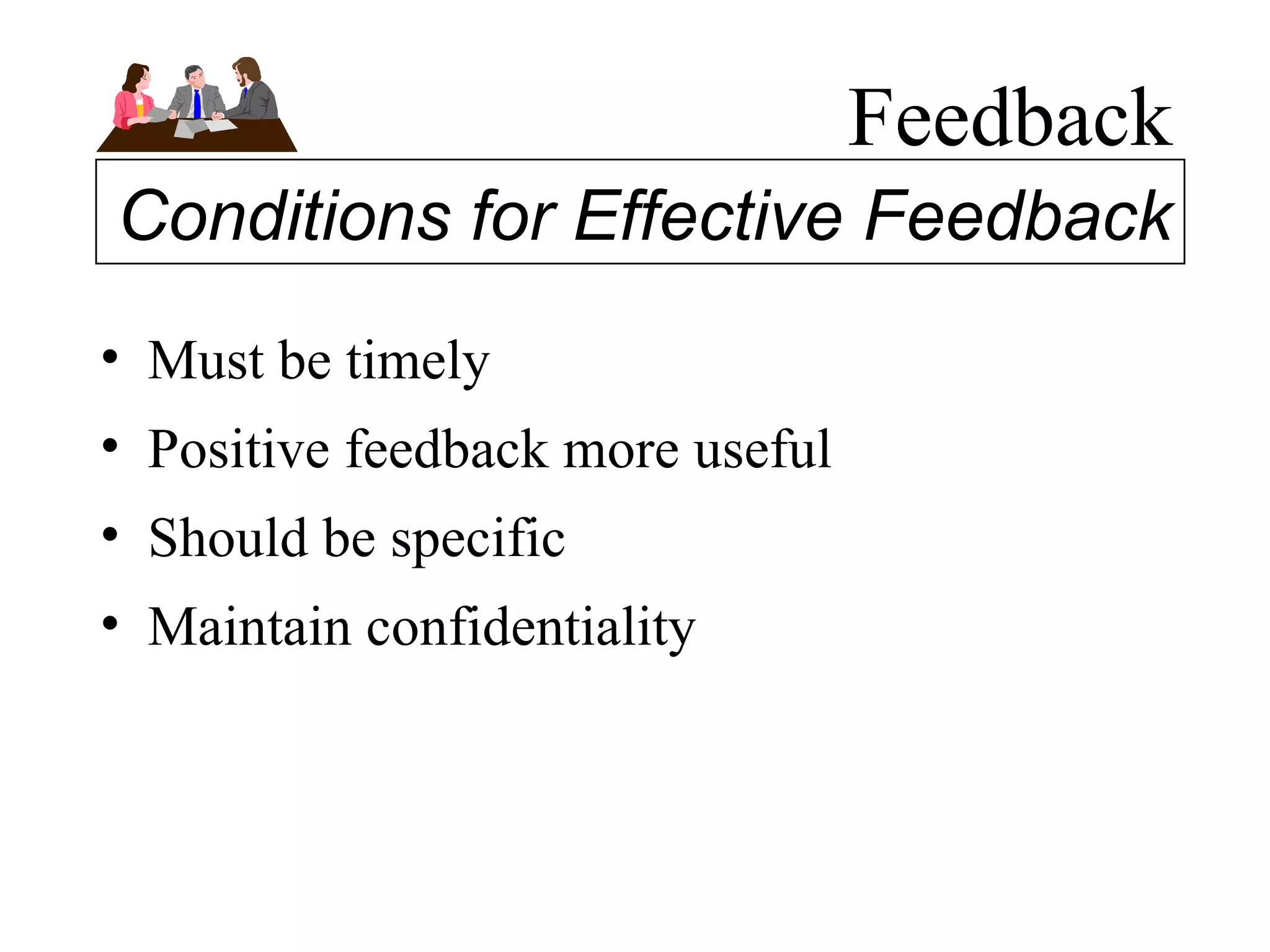 Feedback Must be timely Positive feedback more useful Should be specific Maintain confidentiality Conditions for Effective Feedback 