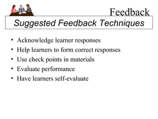 Feedback <ul><li>Acknowledge learner responses </li></ul><ul><li>Help learners to form correct responses </li></ul><ul><li...