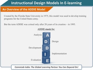 Instructional Design Models In E-learning
CommLab India: The Global Learning Partner You Can Depend On!
Created by the Florida State University in 1975, this model was used to develop training
programs for the United States army.
But the term ADDIE was coined only after 20 years of its creation – in 1995.
ADDIE stands for:
E
I
D
D
AAnalysis
Design
Development
Implementation
Evaluation
An Overview of the ADDIE Model
 