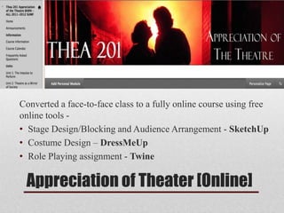 Appreciation of Theater [Online]
Converted a face-to-face class to a fully online course using free
online tools -
• Stage Design/Blocking and Audience Arrangement - SketchUp
• Costume Design – DressMeUp
• Role Playing assignment - Twine
 