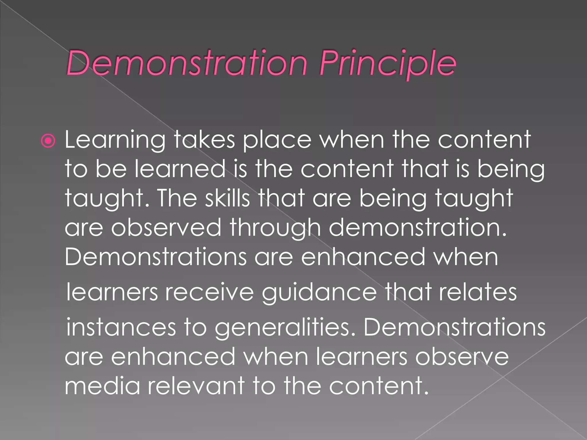 

Learning takes place when the content
to be learned is the content that is being
taught. The skills that are being taught
are observed through demonstration.
Demonstrations are enhanced when
learners receive guidance that relates
instances to generalities. Demonstrations
are enhanced when learners observe
media relevant to the content.

 