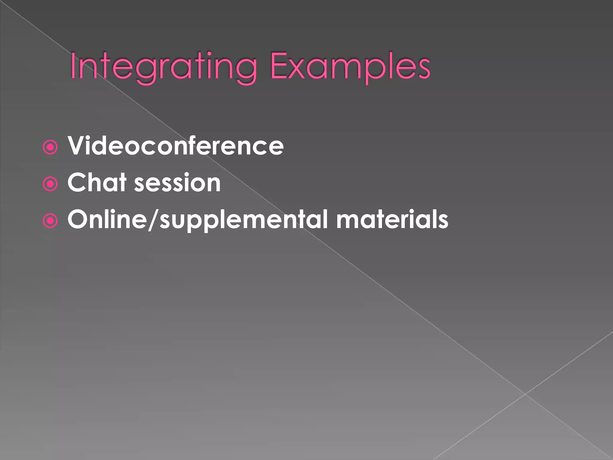 Videoconference
 Chat session
 Online/supplemental materials


 