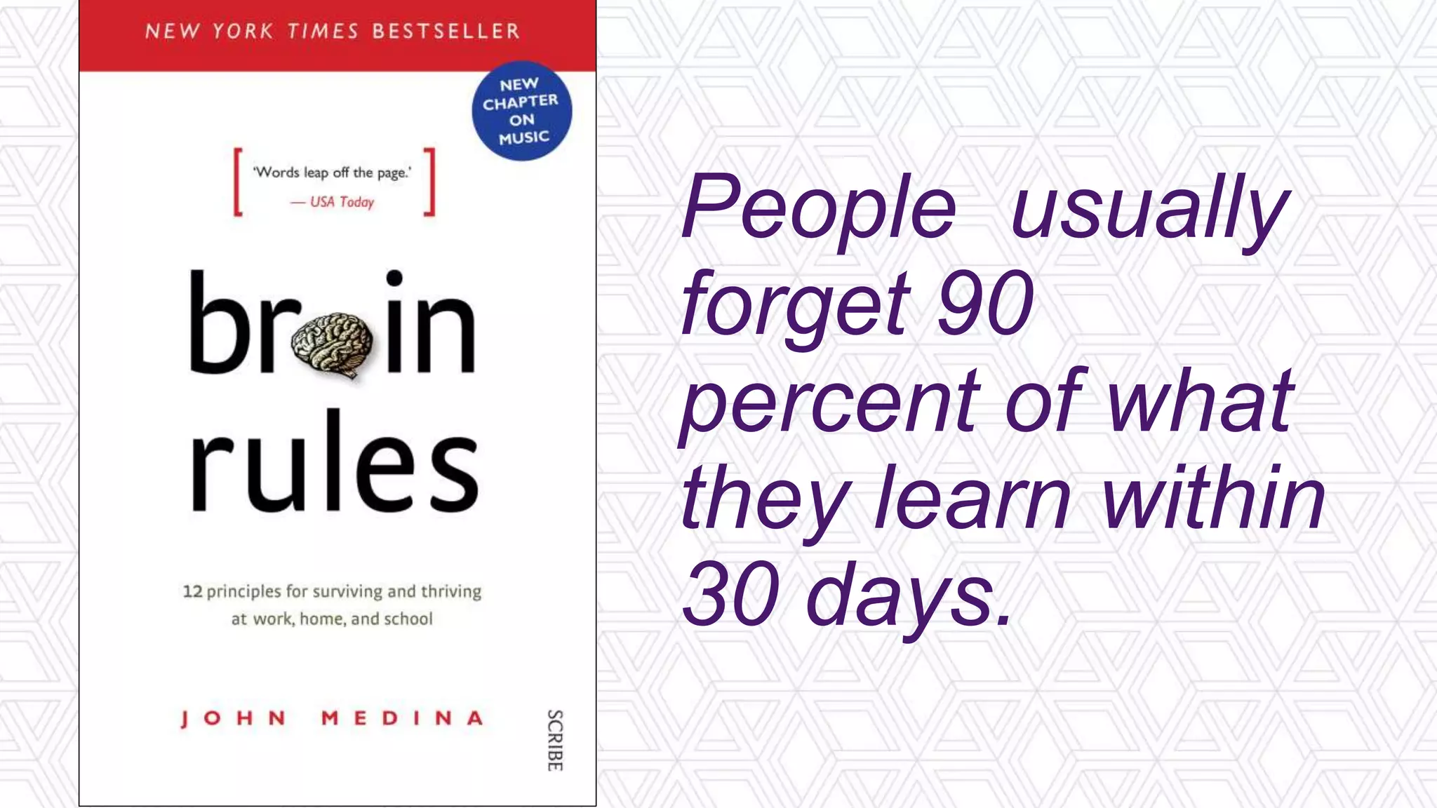 People usually
forget 90
percent of what
they learn within
30 days.
 
