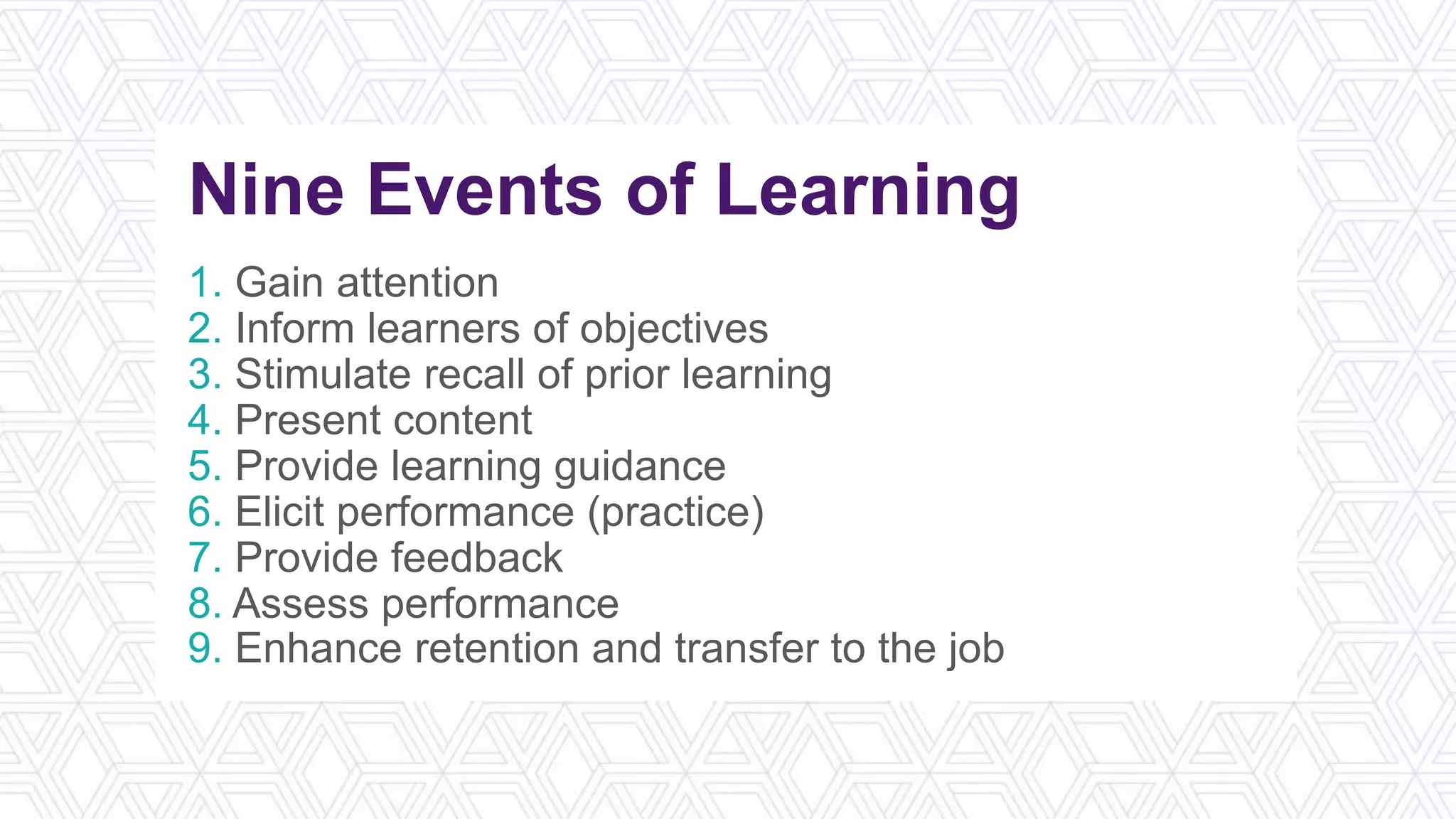 Nine Events of Learning
1. Gain attention
2. Inform learners of objectives
3. Stimulate recall of prior learning
4. Present content
5. Provide learning guidance
6. Elicit performance (practice)
7. Provide feedback
8. Assess performance
9. Enhance retention and transfer to the job
 