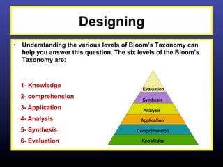 Designing
•  Understanding the various levels of Bloom’s Taxonomy can
   help you answer this question. The six levels of the Bloom’s
   Taxonomy are:



  1- Knowledge
  2- comprehension
  3- Application
  4- Analysis
  5- Synthesis
  6- Evaluation
 