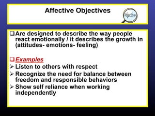 Affective Objectives


q Are designed to describe the way people
   react emotionally / it describes the growth in
   (attitudes- emotions- feeling)

q Examples
Ø Listen to others with respect
Ø Recognize the need for balance between
   freedom and responsible behaviors
Ø Show self reliance when working
   independently
 